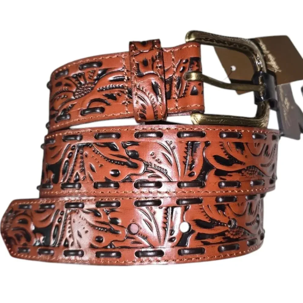 Patricia Nash Amelia Tan‎ Tooled Leather Whipstitch Western Belt Small NWT